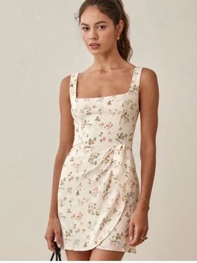 Reformation Cream Floral Square-Neck Mini Dress